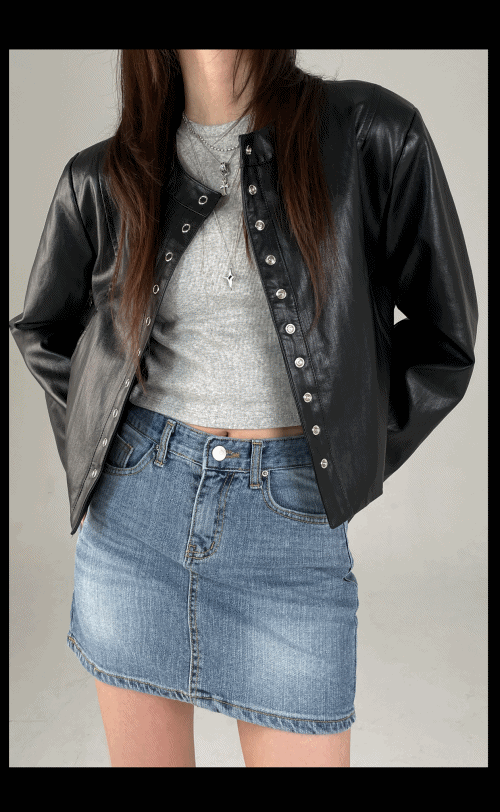 알리샤 스냅 버튼 봄 레더 노 카라 간절기 아우터 자켓 -2color